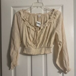 Le Lis Beige Ruffle Tie Blouse